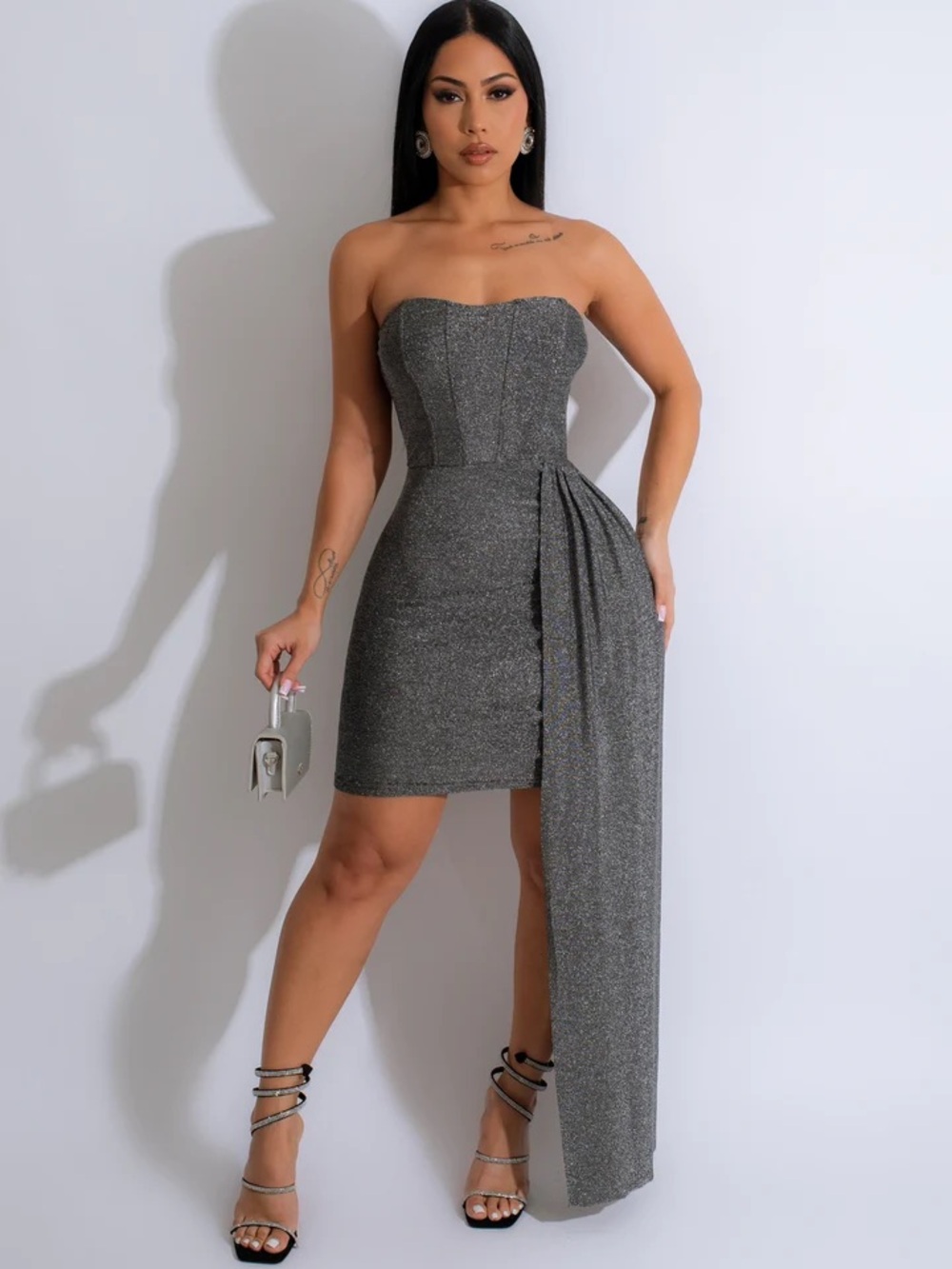 Strapless Glitter Gray Mini Dress with Side Drape